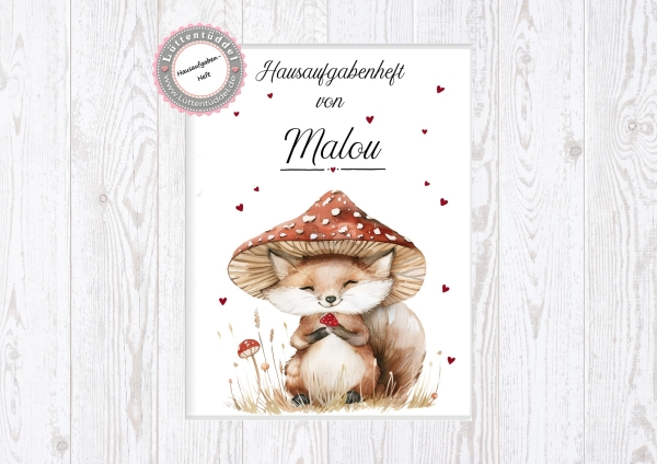 zuckersüßer Schulheft Umschlag Fuchs Pilz Hausaufgabenheft in seperater Hochwertiger Hülle von Lüttentüddel®